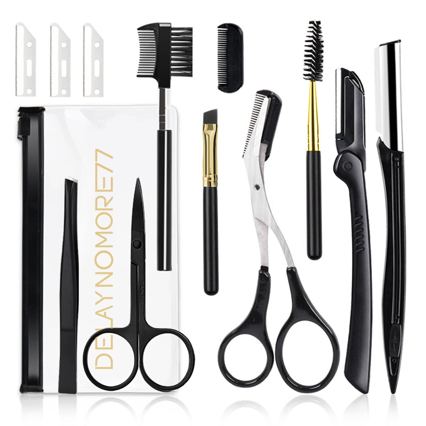 Eyebrow Razor Kit 12 in 1 Professional Eyebrow Grooming Set Including 3 Razors Trimmer1 Tweezer2 Scissors2 Replacement Blades1 Eyelashes Roller2 Brushes1 Storage Bag
