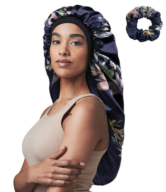 Curly Hair Satin Bonnet Long Sleep Cap for Braids Leaves