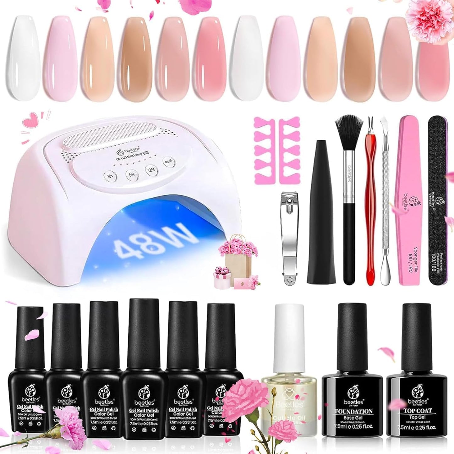 Beetles Gel Nail Polish Kit with U V LED Light 48W6 Colors Jelly Milky White Sheer Pink Nude Gel Polish Starter Kit ManicureSoak Off U V Gel Nail Polish Set Salon DIY Valentines Day Gifts for Girl
