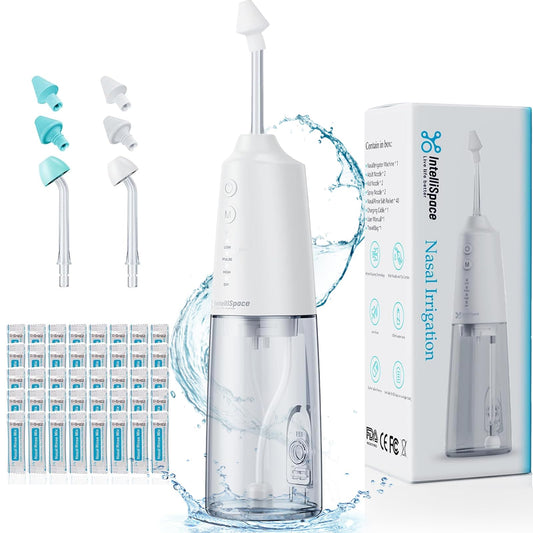 IntelliSpace Nasal Irrigation System Portable Cordless Nasal Rinse Machine for Sinus Allergy Relief Nasal Care - Electric Neti Pot for Nasal Irrigation - Sinus Rinse Kit with 6 Nozzles 40 Salt Packs