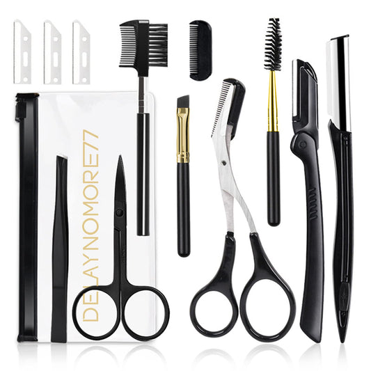 Eyebrow Razor Kit 12 in 1 Professional Eyebrow Grooming Set Including 3 Razors Trimmer1 Tweezer2 Scissors2 Replacement Blades1 Eyelashes Roller2 Brushes1 Storage Bag